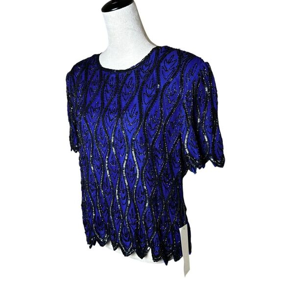 Vintage Sténay 100% Silk Beaded Sequin Top | Size L | Art Deco 80s Party Glam - Picture 4 of 8